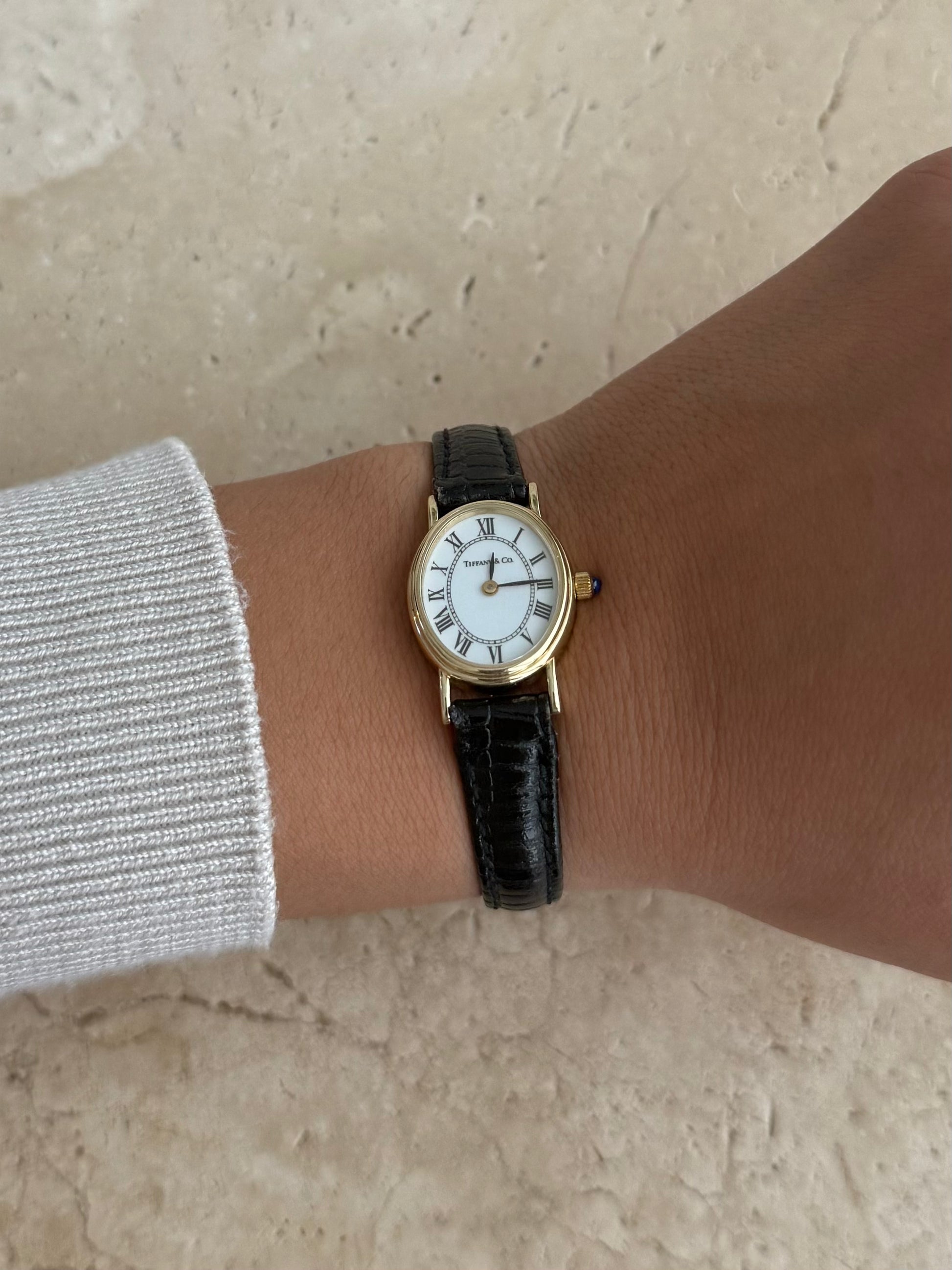 Authentic Tiffany & Co. 14K Watch with Black Leather Band w/ Box, photo 2