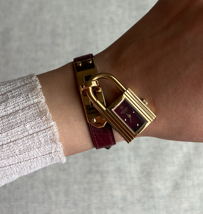 Authentic Vintage 1998 HERMES Kelly Cadena Burgundy Calf Skin Watch