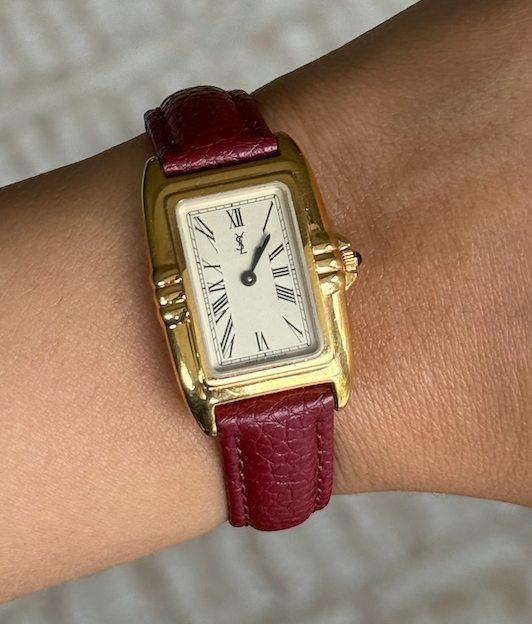 Authentic Maroon Strap Vintage YSL Gold Plated Watch W/ BOX + Extra strap