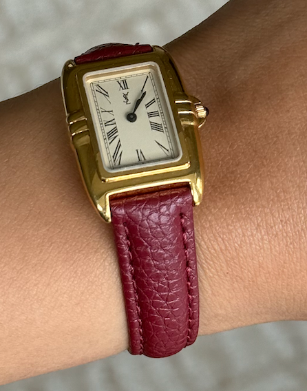 Authentic Maroon Strap Vintage YSL Gold Plated Watch W/ BOX + Extra strap
