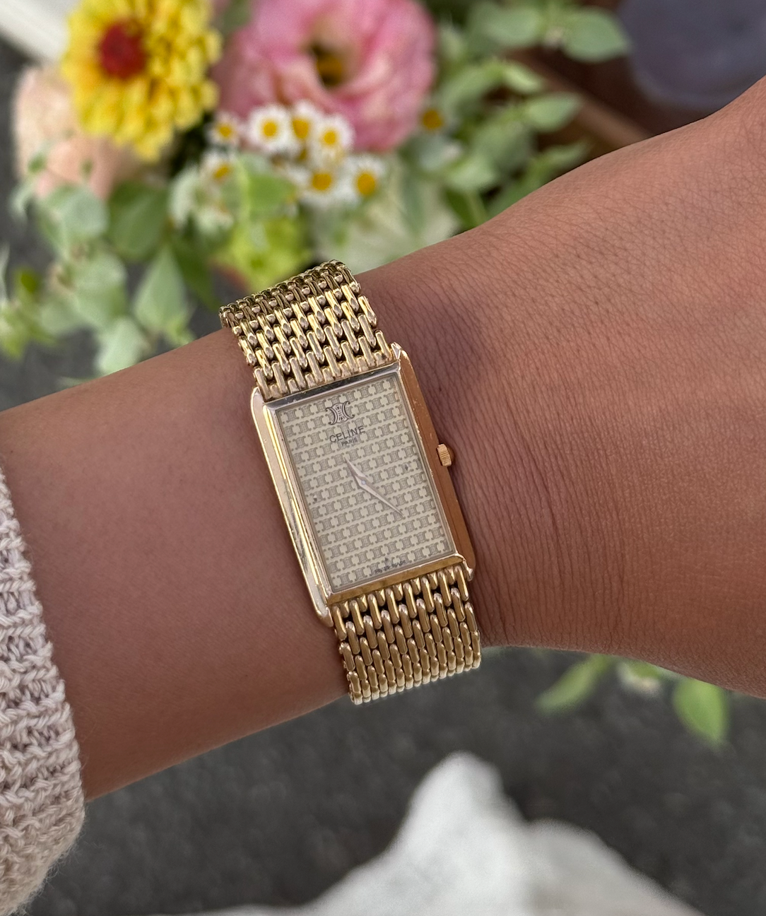 Rare 18k Gold Vintage CELINE Triomphe Square Watch with Mesh Bracelet