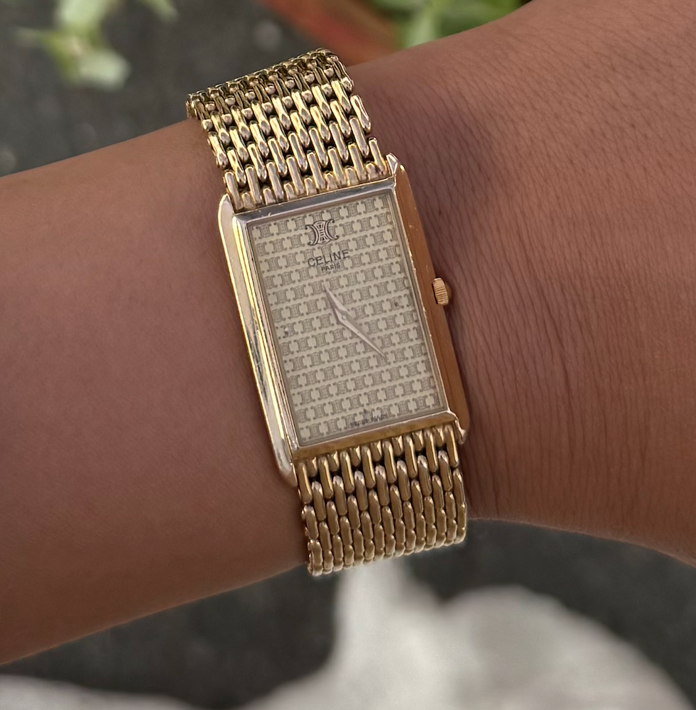 Rare 18k Gold Vintage CELINE Triomphe Square Watch with Mesh Bracelet