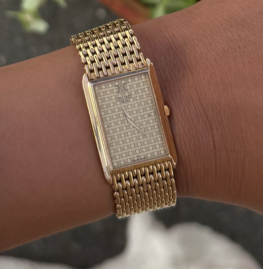 Rare 18k Gold Vintage CELINE Triomphe Square Watch with Mesh Bracelet